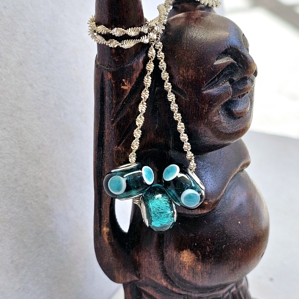Murano Glass Teal Bead Twisted 925 Silver Necklace - Picture 6 of 12